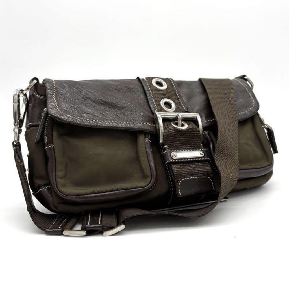 Prada Reversible Khaki Leather Nylon Crossbody Shoulder Bag Preowned
