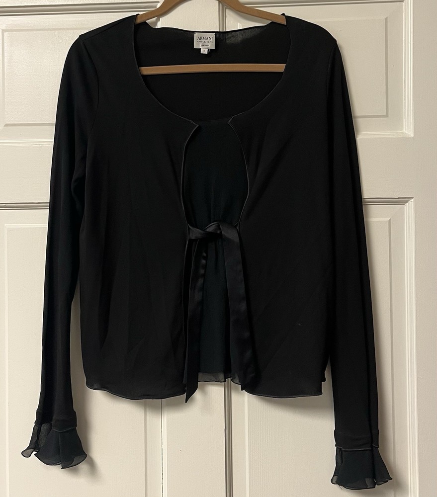 Armani Collezioni Black Tie Front Ruffle Sleeve Blouse Long Sleeve Size 8