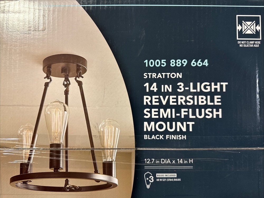 Hampton Bay Stratton 14 in. 3-Light Black Semi-Flush Mount Ceiling Light
