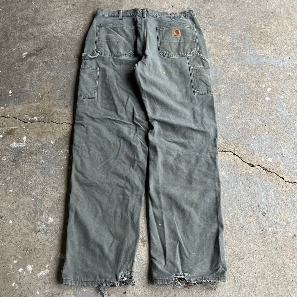 Vintage Y2K Carhartt green distressed flannel lined work wear carpenter pants