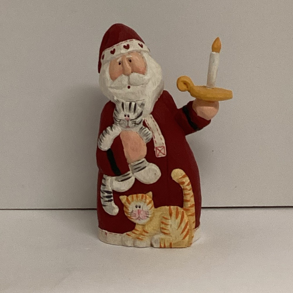 Eddie Walker Carved Old World Santa Figurine Tabby Cat Kittens Candle Christmas