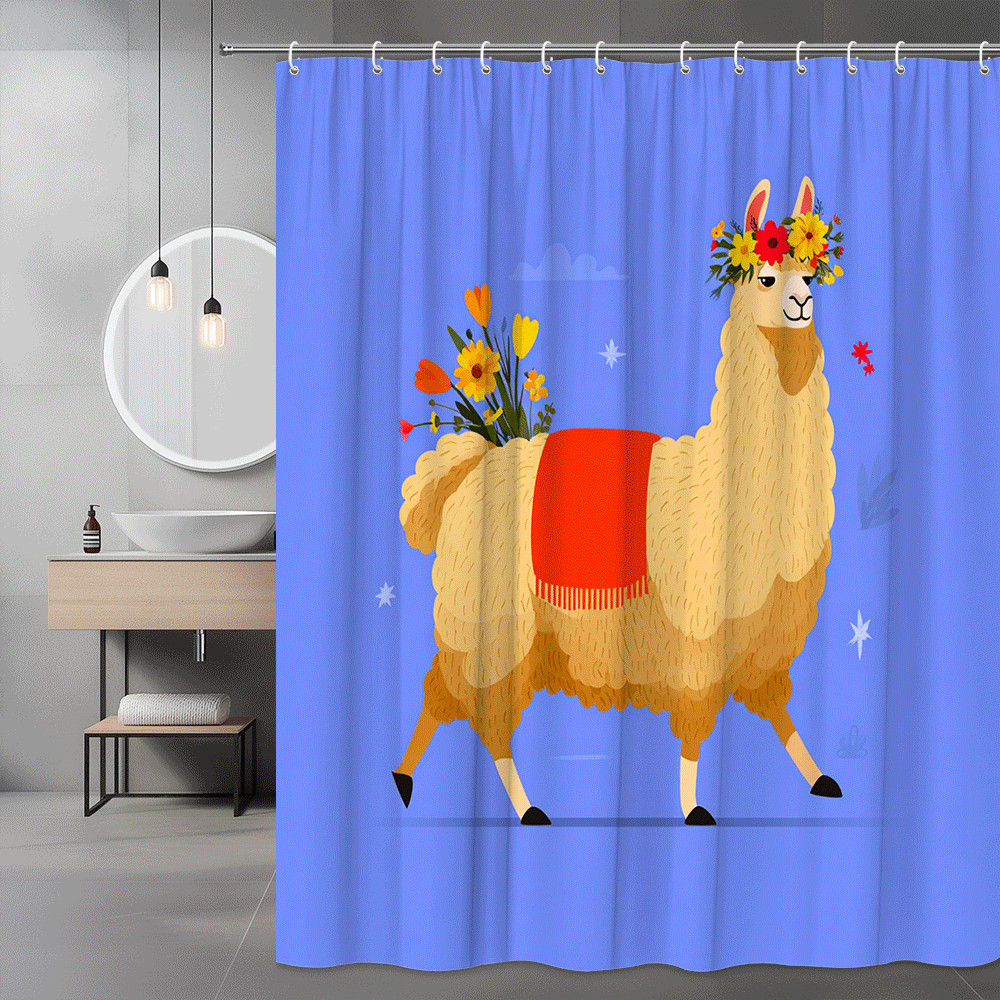 Llama Floral Shower Curtain Blue Background Cute Animal Print