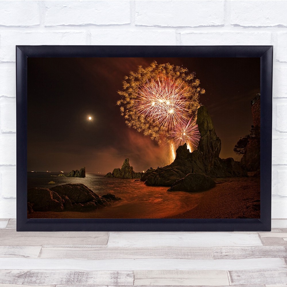 Fireworks Rocks Mountains Cliff Ridge Ocean Coastal Wall Art Print