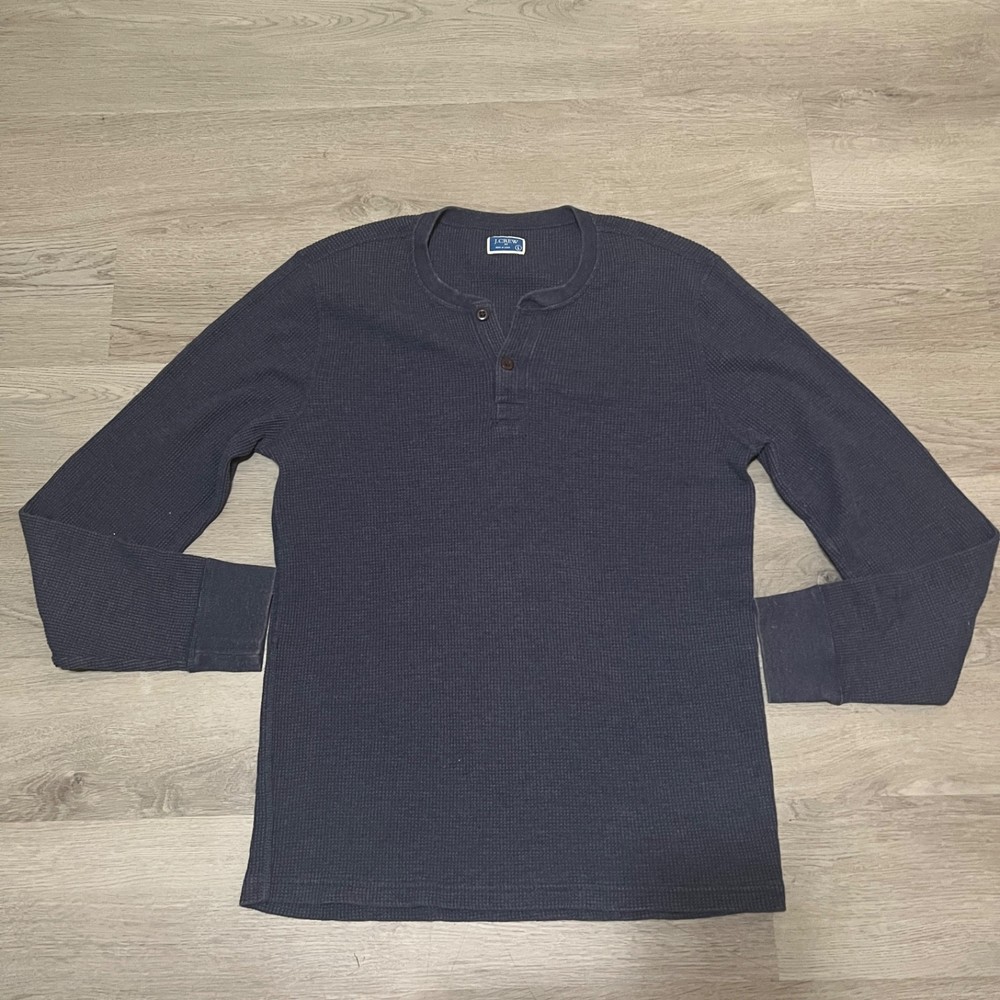 J.Crew Mens Navy Blue Waffle Knit Long Sleeve Cotton Henley Shirt Size Large L