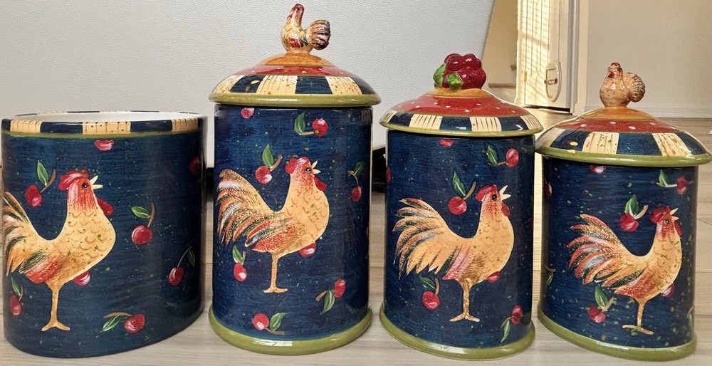 Ceramic Canister Set 4 Rooster Theme 1990-early 2000s. Excellent Condition