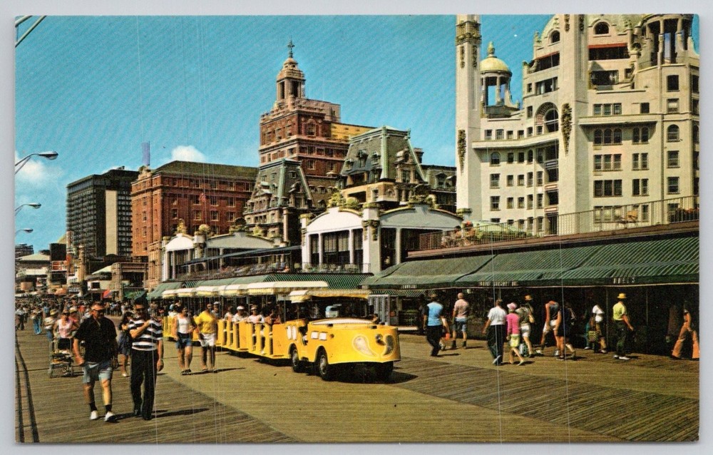 Atlantic City NJ Boardwalk View Tram Car Luxury Hotels 1976 Chrome Postcard