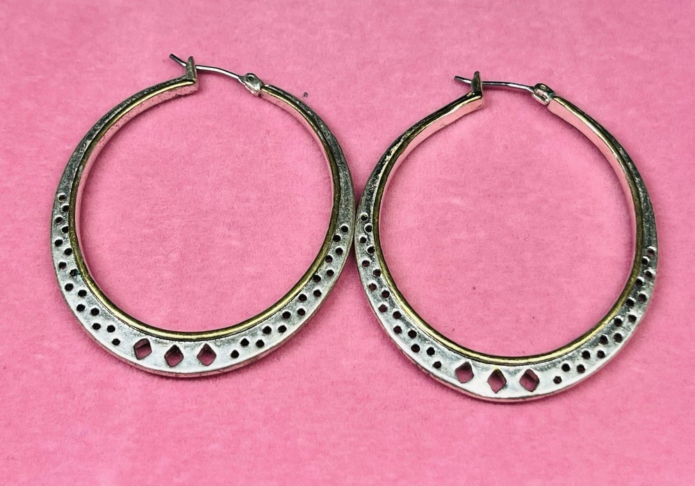 Large Vintage Two Tone Oval Sterling Silver 925 Hoop Earrings READ DESCRIPTION