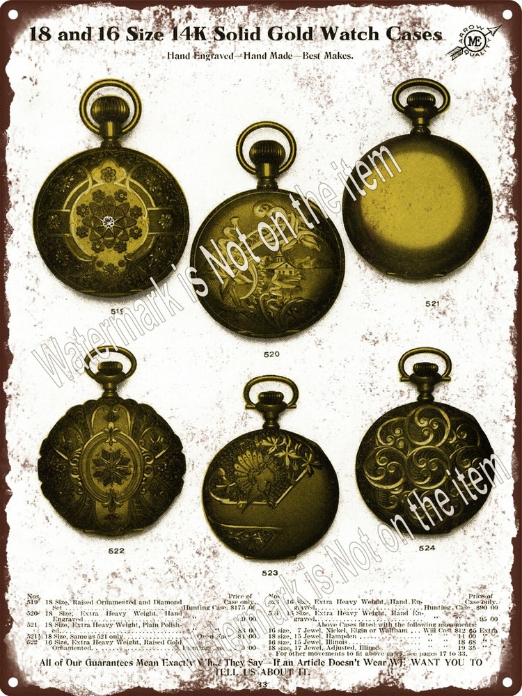 1912 Hand Engraved Gold Pocket Watch Cases Arrow Quality Metal Sign 9x12