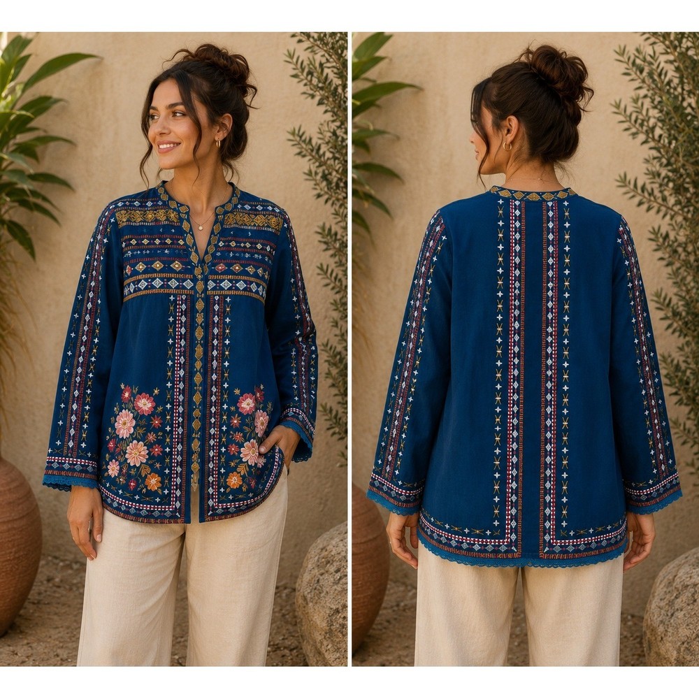 Johnny Was Teal Blue Embroidered Silk Tunic Top Bohemian Floral Button Front S