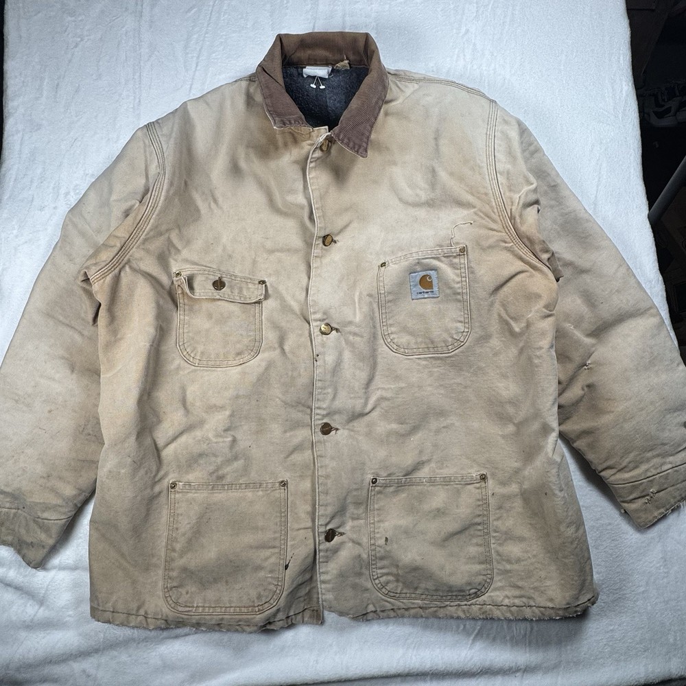 Vintage Carhartt XL Distressed Beige Chore Coat with Blanket Lining