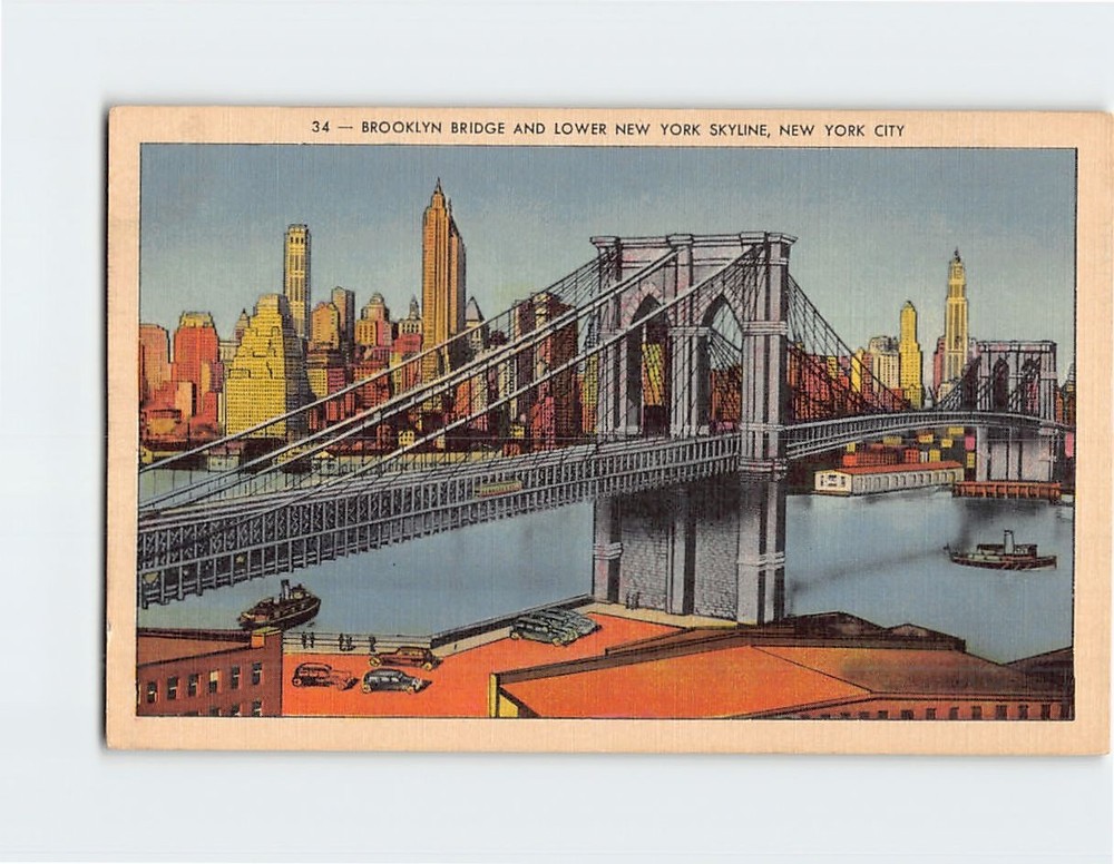 Postcard Brooklyn Bridge And Lower New York Skyline New York City New York USA