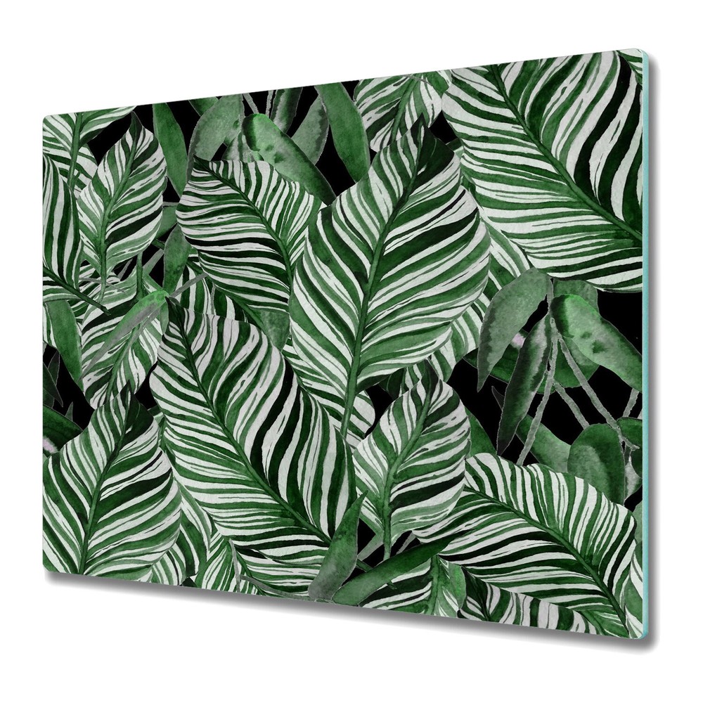 Glass Chopping Board Utensil Board Dark Tropical Jungle Leaves Watercolour 60x52