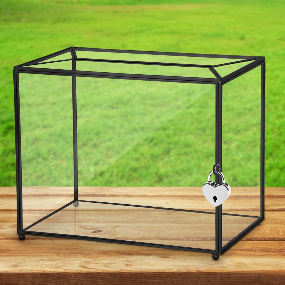 Black Glass Card Box Wedding Card Box with Lock, Large Gift Card Box with Hin...