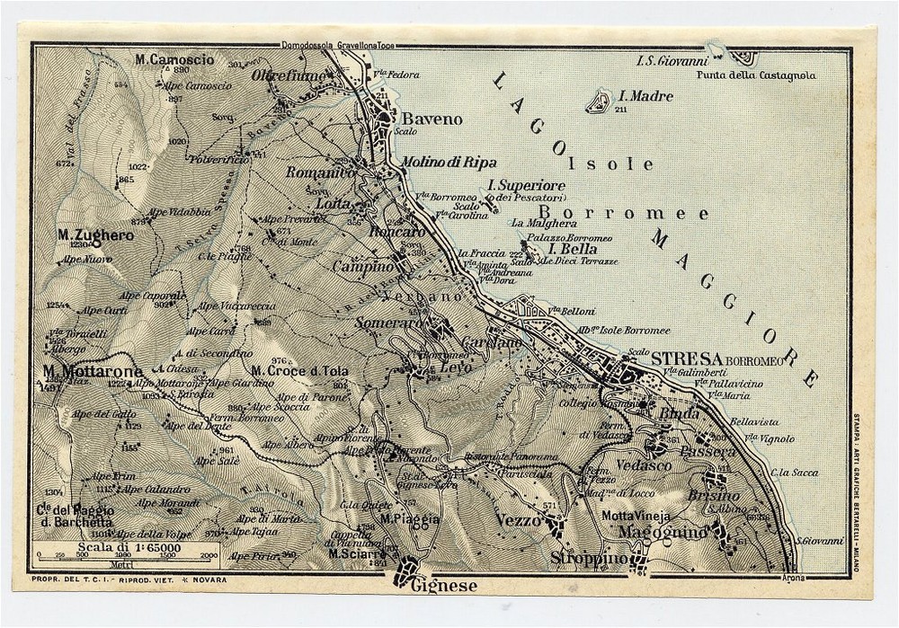 1927 Original Vintage Map Of Vicinity Of Stresa / Lake Maggiore / Piedmont Italy