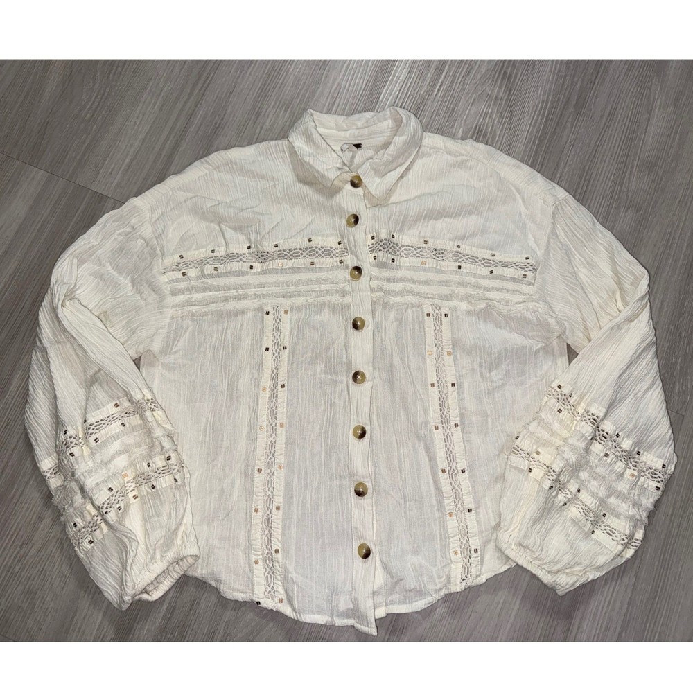 Free People White Crochet Lace Sequin Gauze Button Down Blouse XS Boho Top