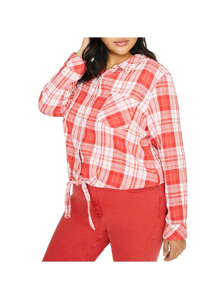 SANCTUARY Womens Red Plaid Tie Front Button-Up Top with Cuffed Sleeves Plus Size 2X