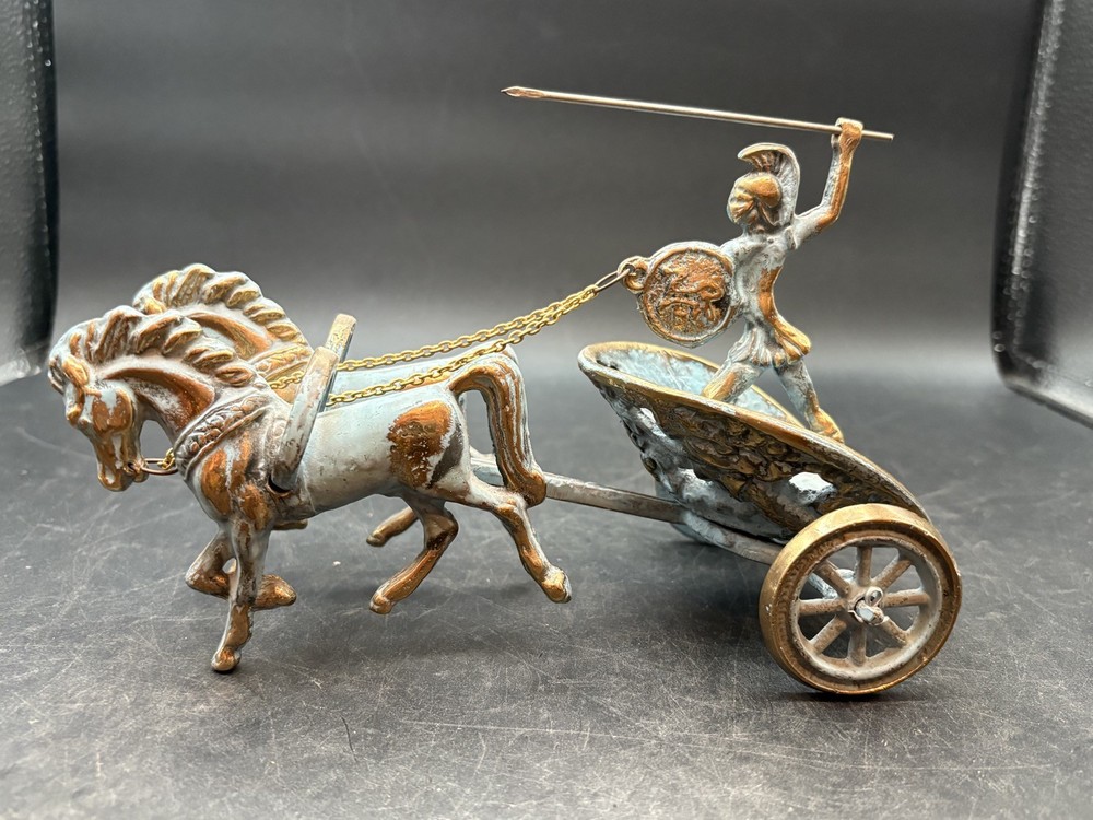 Vtg Greek Warrior Achilles Riding in Chariot Verdigris Cast Metal Sovenir Figure-image