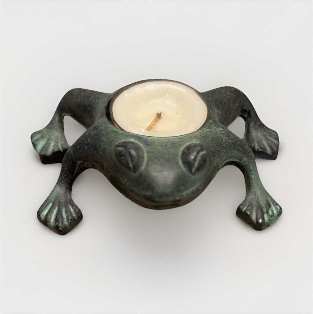 Metal Frog Shaped Tealight Candle Holder, Antique Finish, Green Black approx 4x4