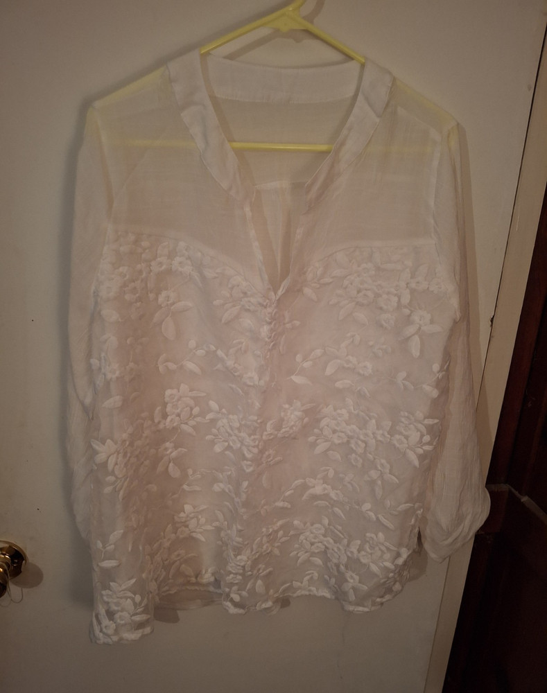 Women’s White Sheer Lace Floral Long Sleeve V-Neck Button-Down Top Plus 3XL