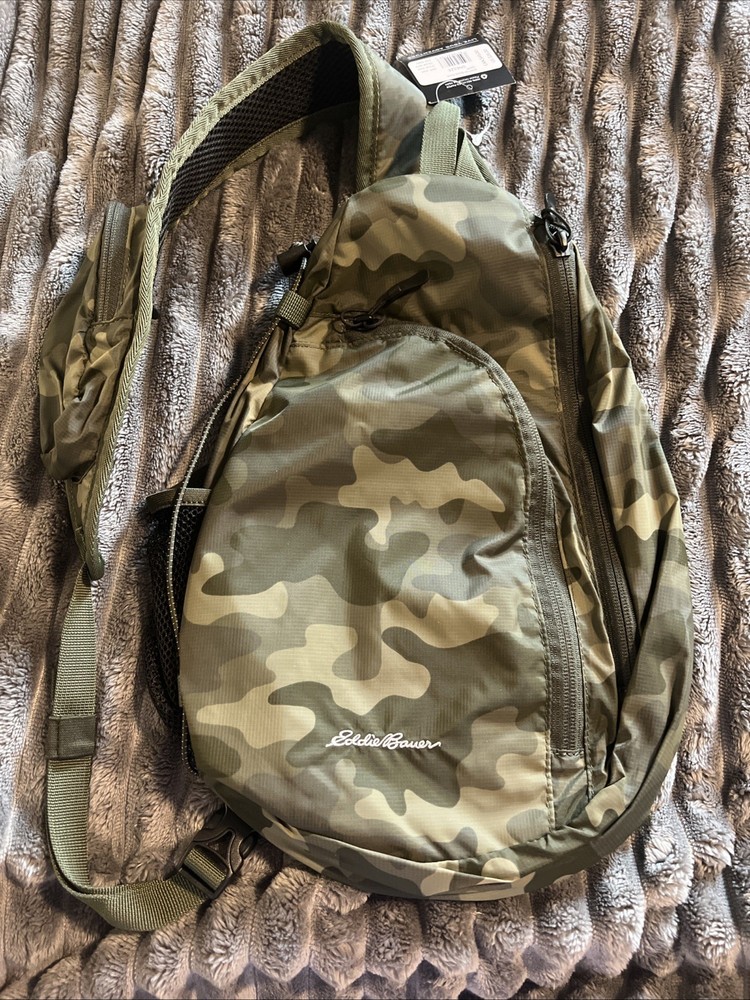 Eddie Bauer Green Camouflage Lightweight Nylon Sling Crossbody Backpack Bag
