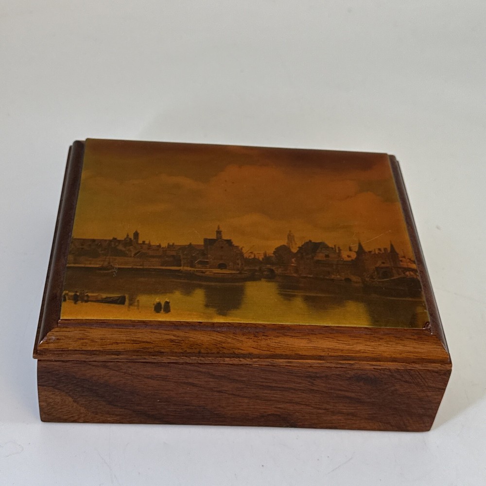 Vintage Wooden Jewelry Box with Spinet Scene for Keepsakes and Trinkets
