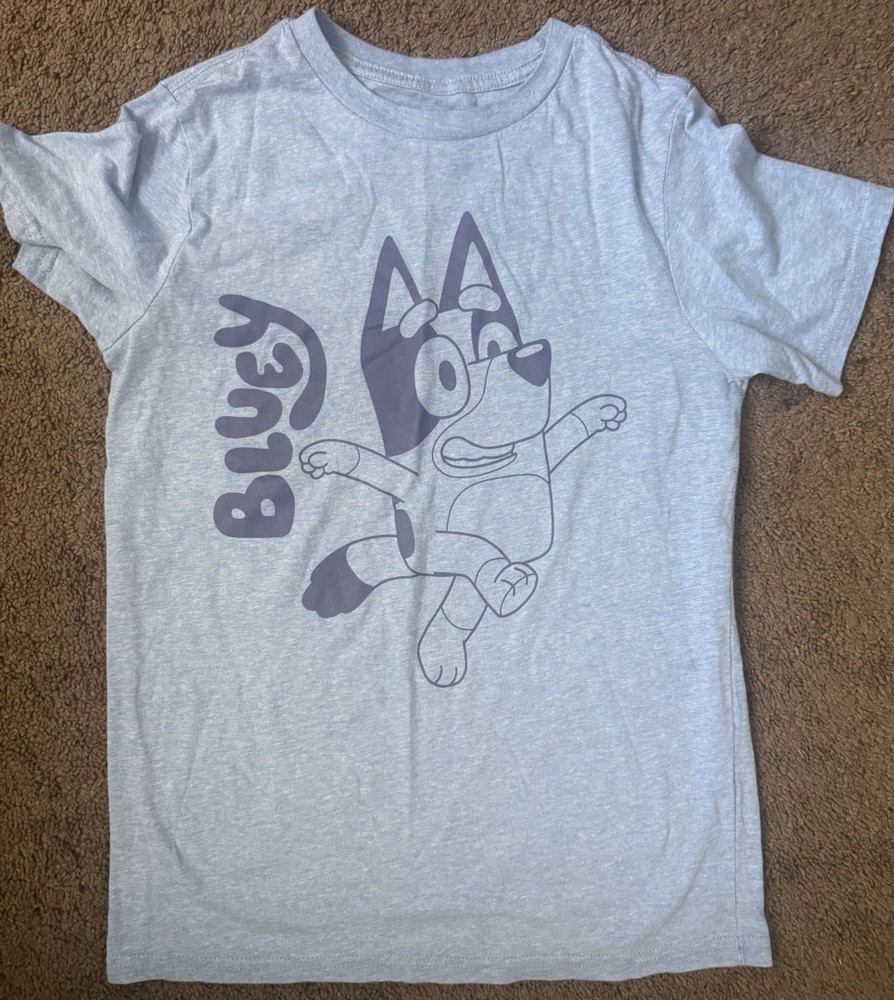 Bluey Graphic Print Kids T-Shirt L/G Gray Short Sleeve Crew Neck Cotton Blend