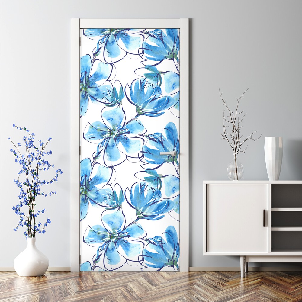 Blue Floral Adhesive Door sticker Watercolour abstract painting adhesive