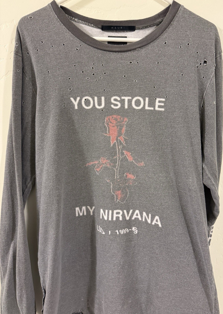 KSUBI Men’s Gray S Cotton Long Sleeve Crew Neck Nirvana Graphic Distressed