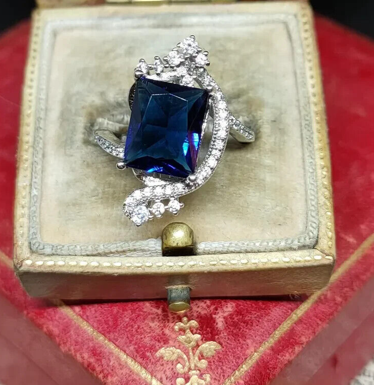 3Ct Emerald Cut Simulated Sapphire Band Ring in 14k White Gold Plated