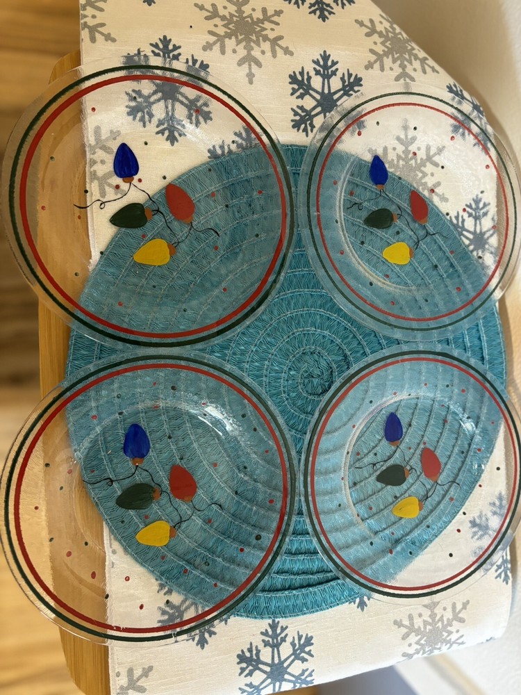 Festive Hand-Painted Christmas Glass Dessert Plates Set of 4