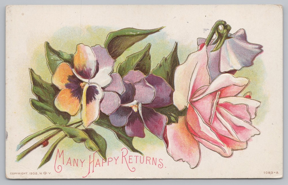 Greetings~Pansies & Pink Roses Many Happy Returns~Vintage Postcard