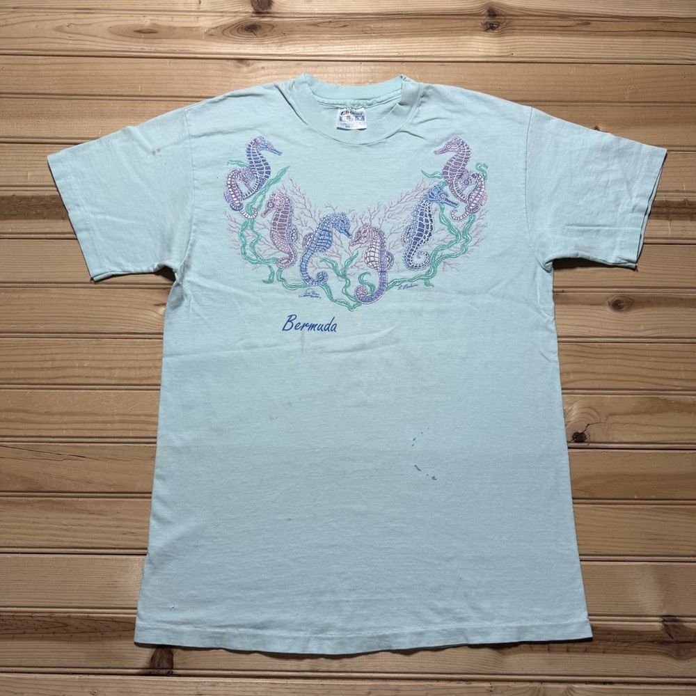 Vintage 90s Bermuda Colorful Seahorse Coral Reef Animal Nature Shirt - Medium