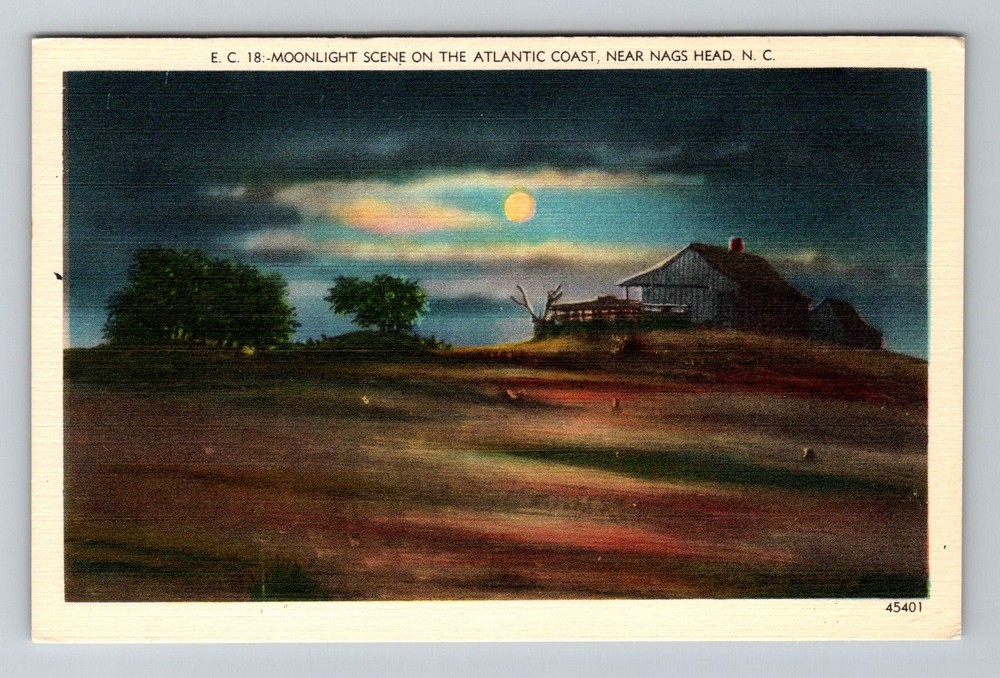 Nags Head, NC-North Carolina, Moonlight Atlantic Coast Scene Vintage Postcard