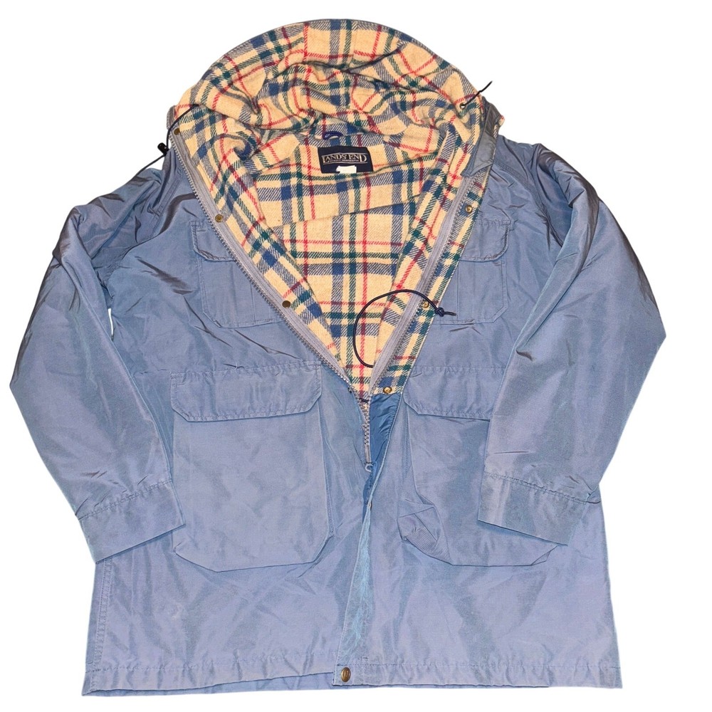 VTG 90s Lands End Hooded Jacket Mens L Blue Wool Blend Lined Parka Made in USA