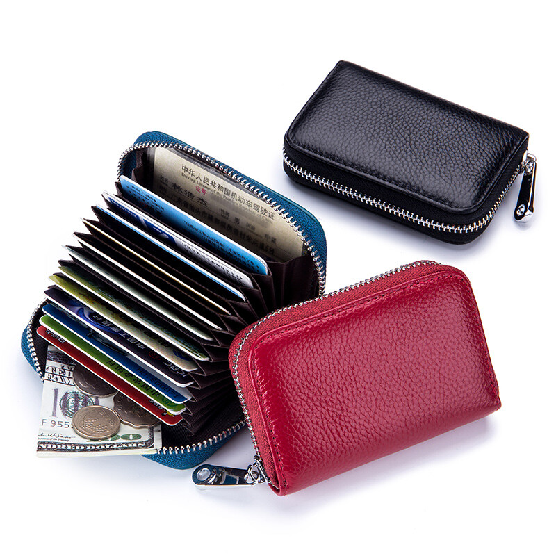 RFID Blocking Women Men Genuine Leather Wallet Credit Card Holder Zipper Pocket