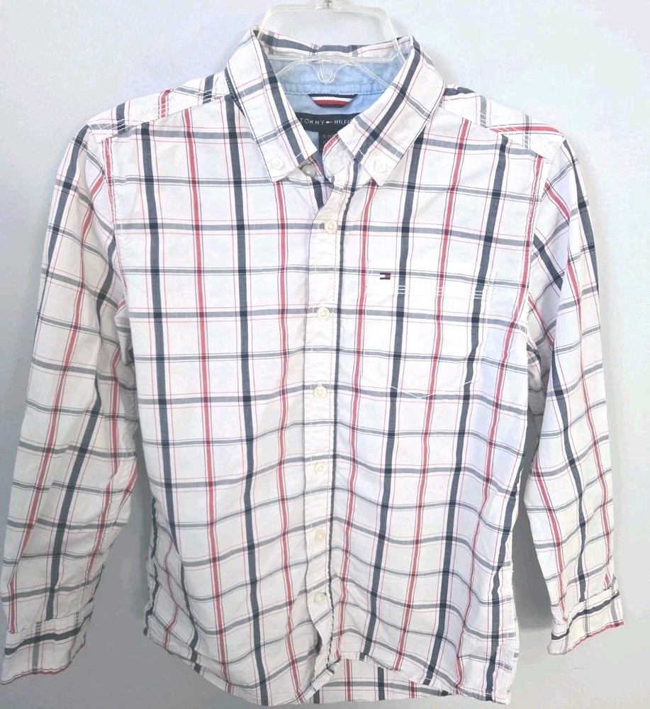 Tommy Hilfiger Boys Button Front Plaid Shirt Size 12/14 Medium White Red Blue...