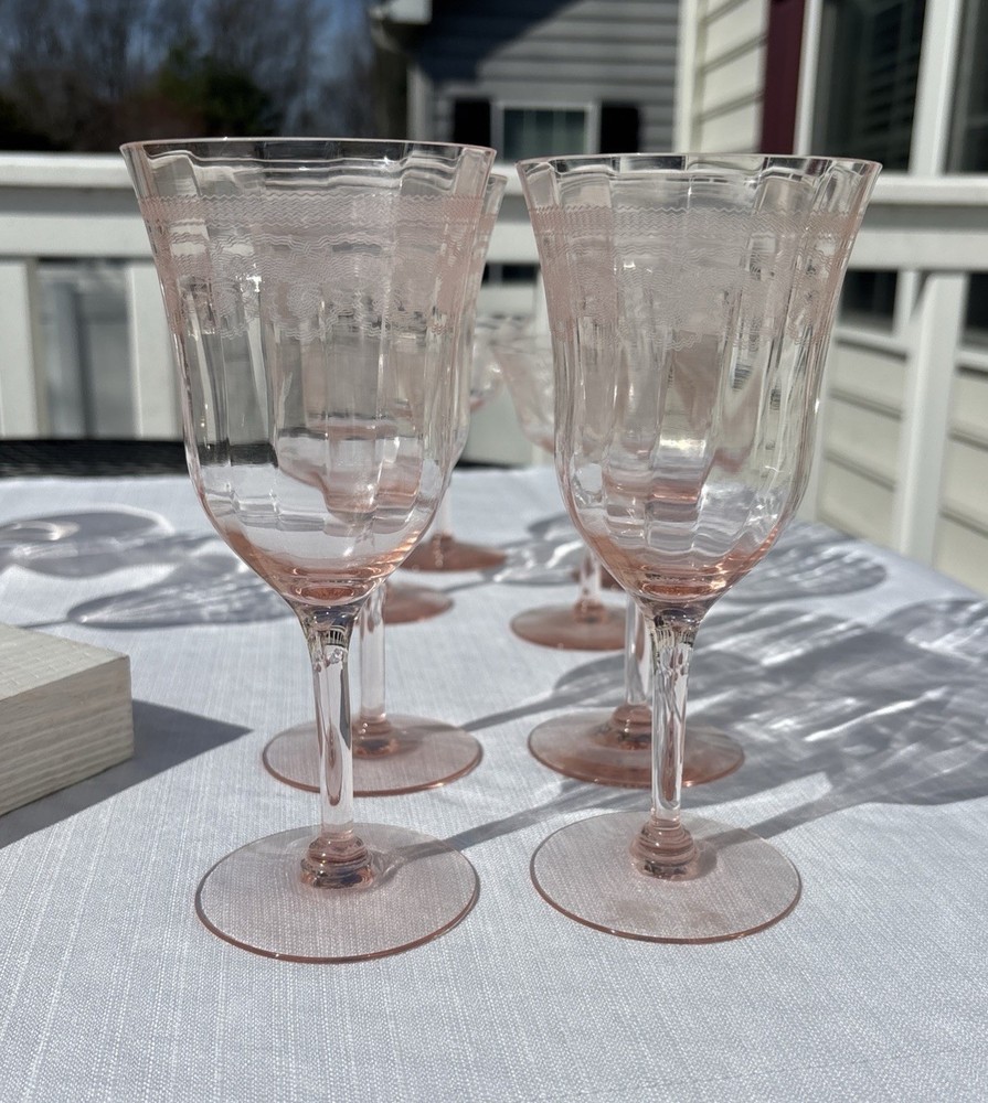 Vintage Pink Depression Glass Goblets set of 4 Etched Floral Stemware