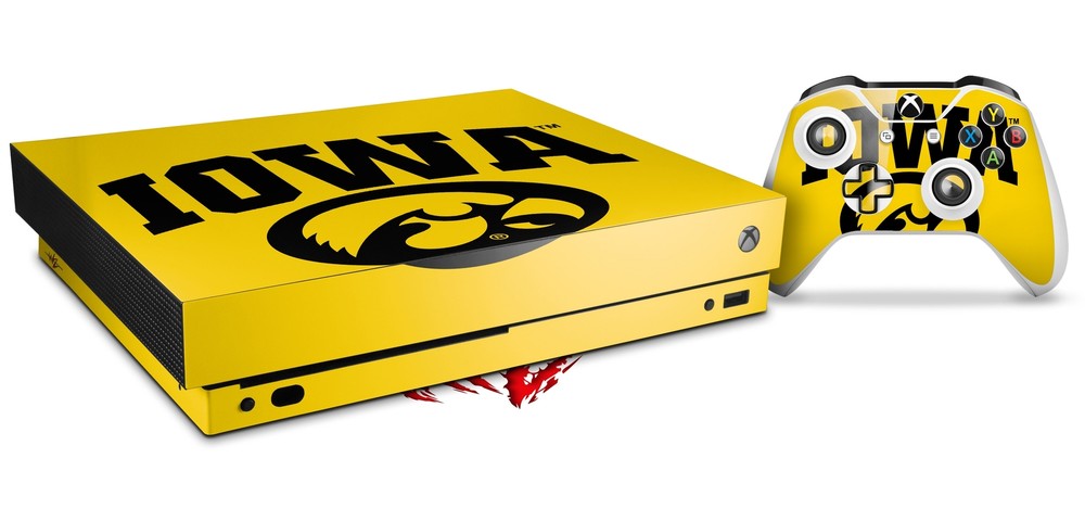 Skin Set for XBOX One X Iowa Hawkeyes Tigerhawk Oval 01 Black on Gold