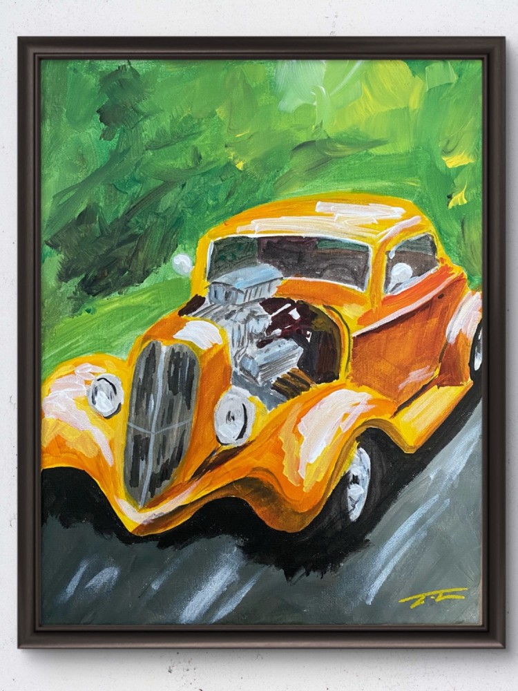 Orange Hot Rod Racing Original Art 14x11 Canvas