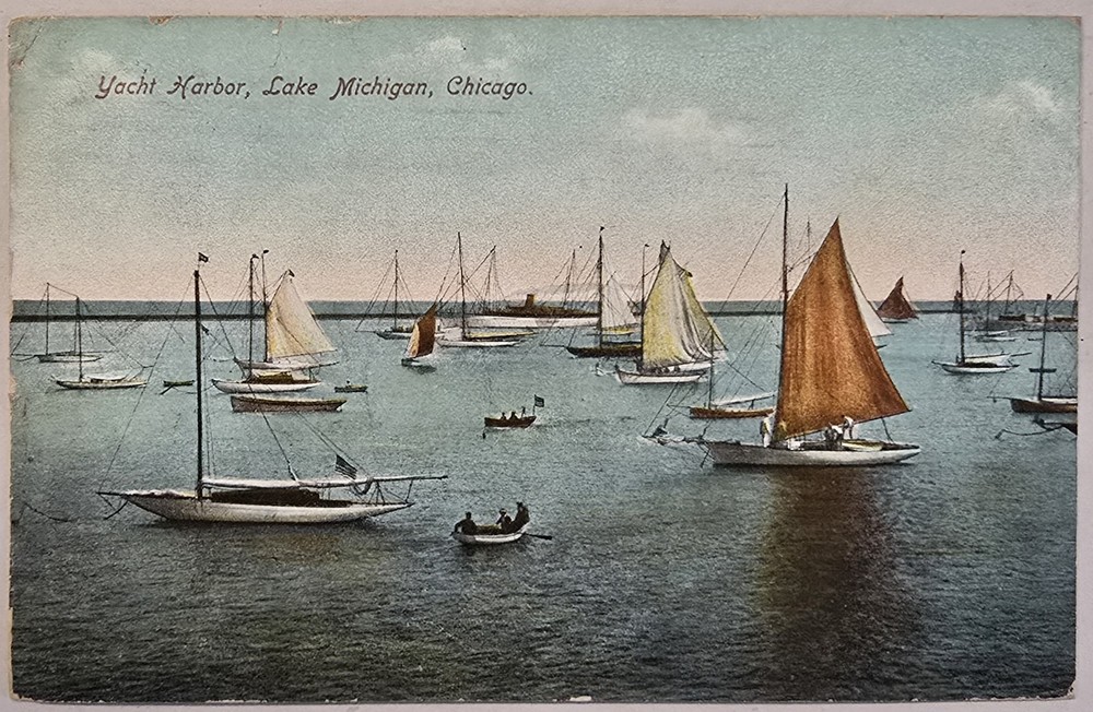 Vintage Postcard 1909 Yacht Harbor Lake Michigan Chicago IL Sailboats