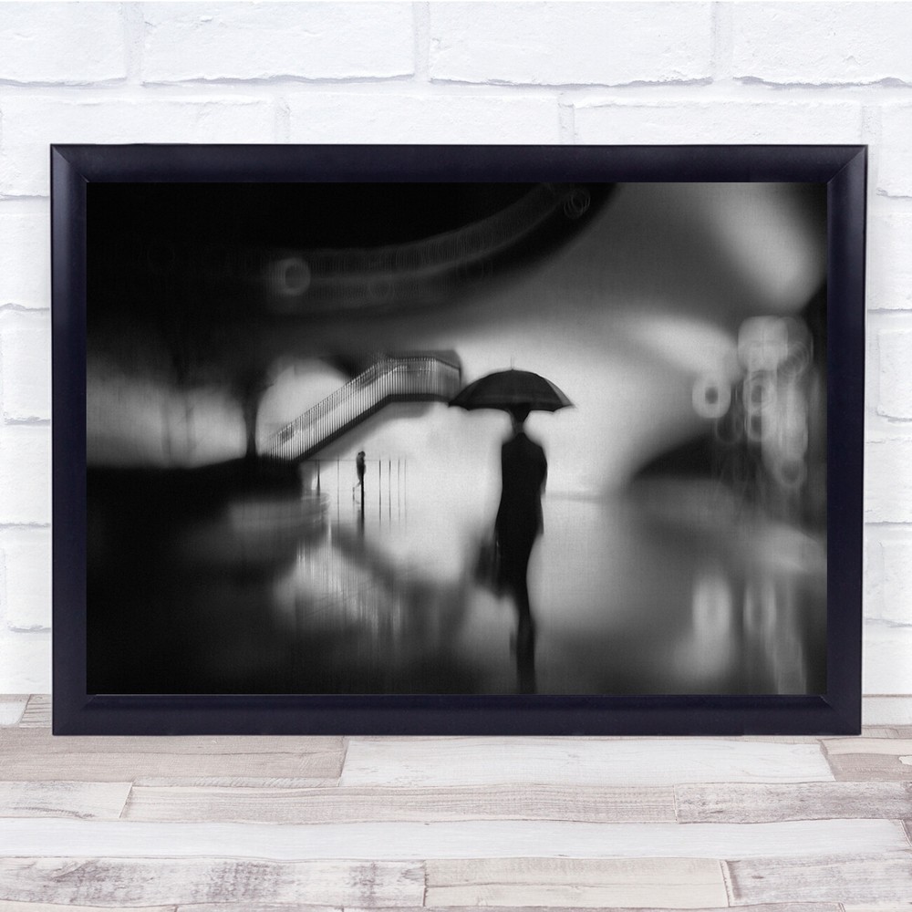 Black & White Mood Man Street Night Rain Umbrella Wall Art Print