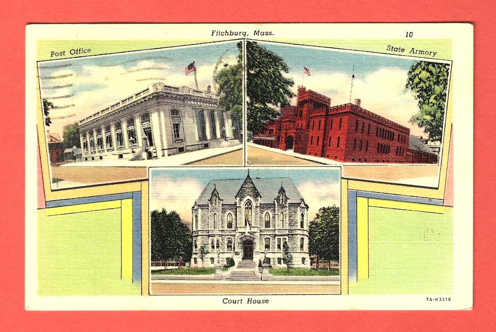 FITCHBURG, MASS. – POST OFFICE-STATE ARMORY-COURT HOUSE - 1937 Linen Postcard