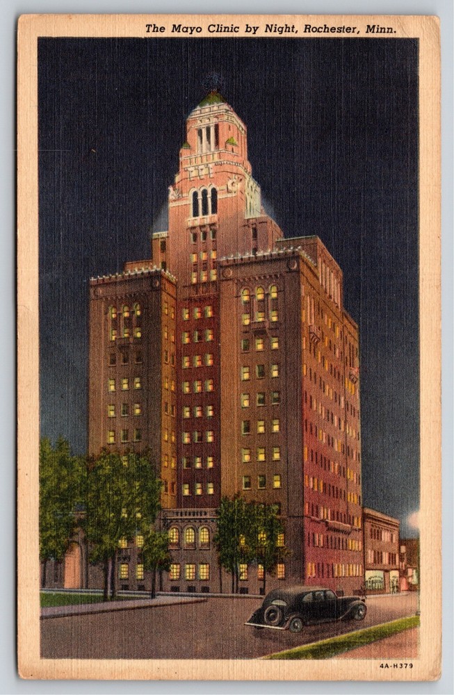Rochester Minnesota~Front of Mayo Clinic At Night~Vintage Linen Postcard