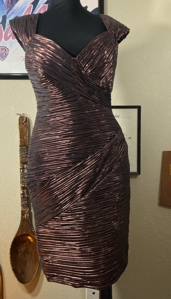 MSRP $235 Vintage 90s Metallic Chocolate Bodycon Ruched Crinkle Party Mini Dress