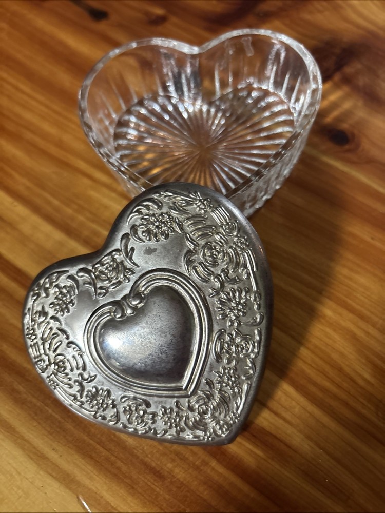 Vintage Heart Shaped Crystal Glass Trinket Box W/ Silver Plated Lid