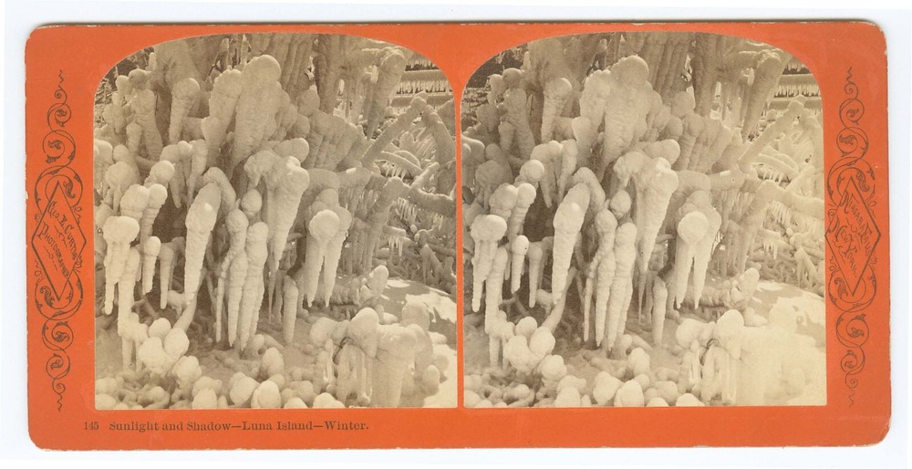 G1518~ NIAGARA FALLS – Luna Island in Winter Stereoview – by G Curtis, NY
