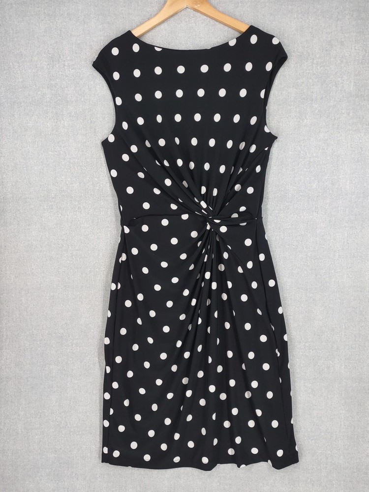 Lauren Ralph Lauren Dress Womens 14 Black Polka Dot Ruched Sheath Twist Front