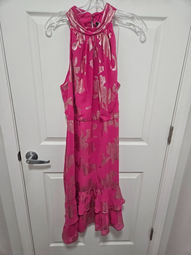 Adrianna Papell Pink Gold Metallic Floral Halter Cocktail Dress Size 12