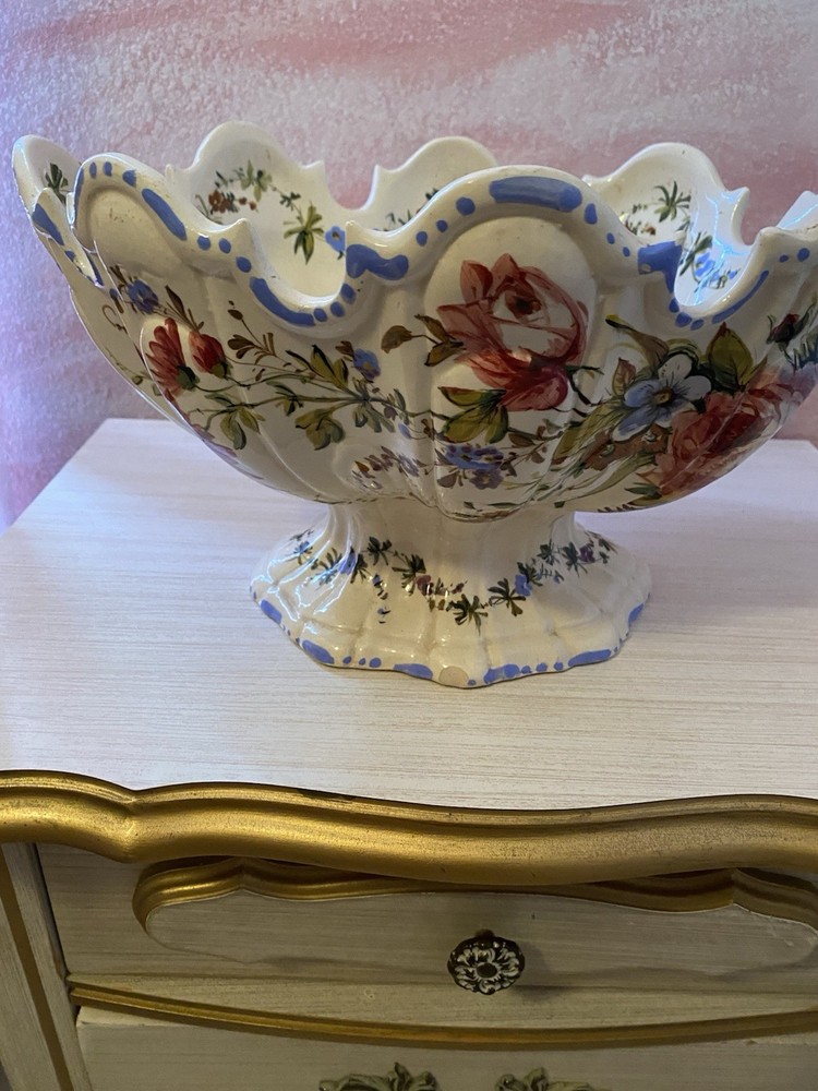 Antique Italian Maiolica Footed Bowl - Floral Majolica Earthenware Vase
