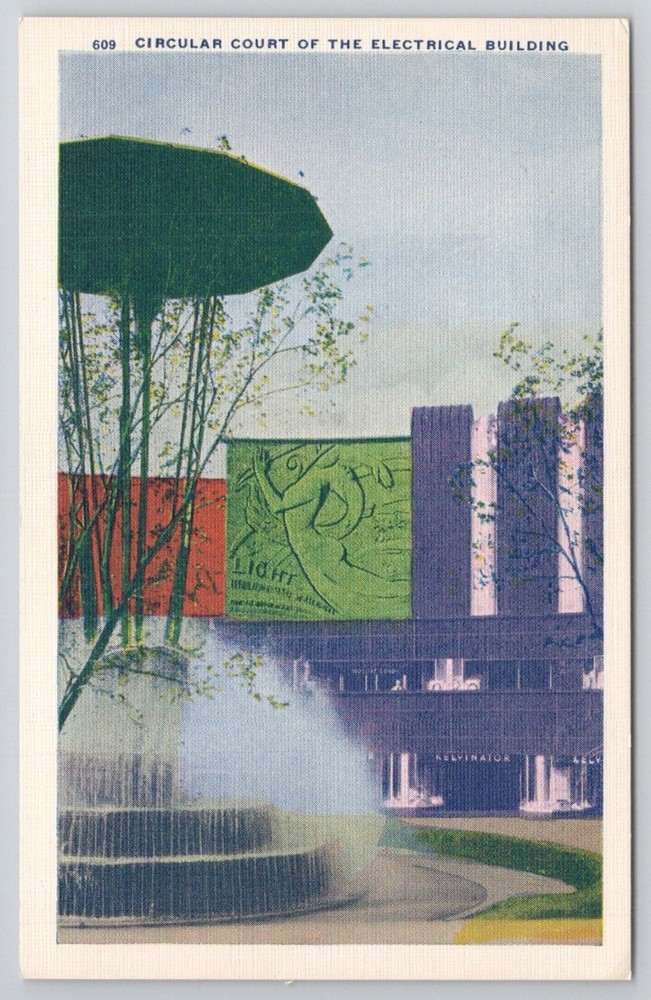 Chicago World's Fair 1933 Electrical Building Fountain Linen Postcard